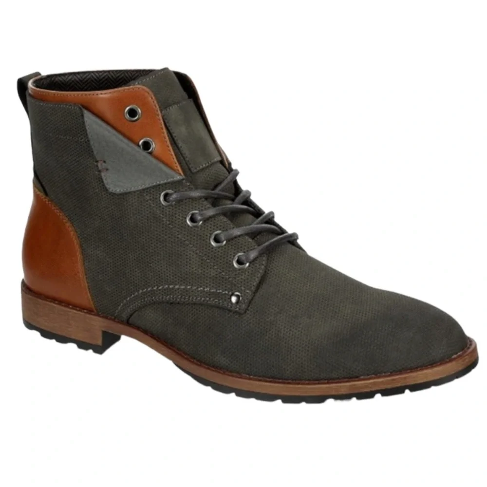 NEW! RESTORATION Crush Ankle Boots Faux Leather Lace Up Charcoal Gray Tan Size 8
